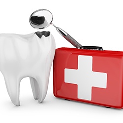 A diagram of a tooth and a first aid kit.